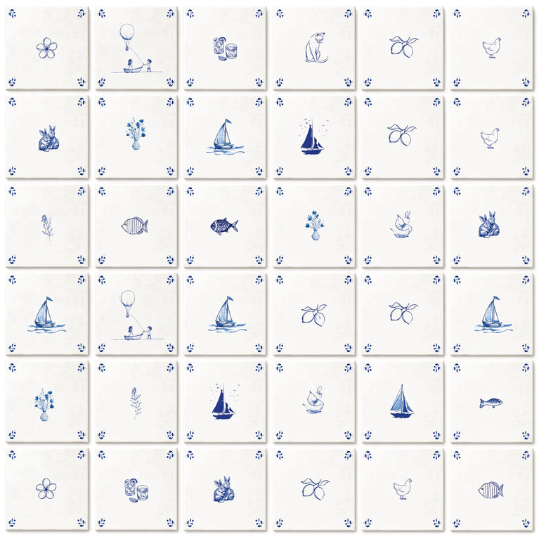 Delft Tile Blue & White Coastal Cottage Tile Backsplash Stickers – Nautical Sailboat, Bunny, Fish & Cat Pattern - D530