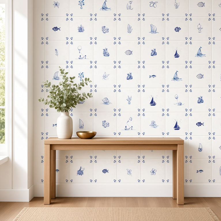 Delft Tile Blue & White Coastal Cottage Tile Backsplash Stickers – Nautical Sailboat, Bunny, Fish & Cat Pattern - D530