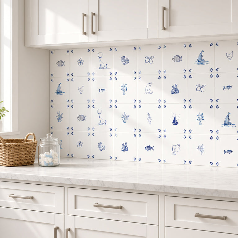 Delft Tile Blue & White Coastal Cottage Tile Backsplash Stickers – Nautical Sailboat, Bunny, Fish & Cat Pattern - D530