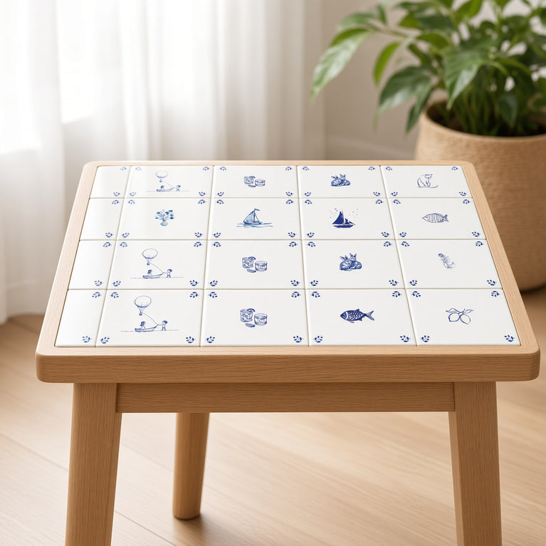 Delft Tile Blue & White Coastal Cottage Tile Backsplash Stickers – Nautical Sailboat, Bunny, Fish & Cat Pattern - D530