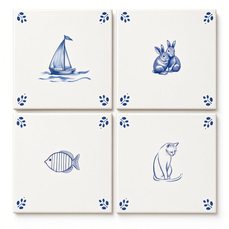 Delft Tile Blue & White Coastal Cottage Tile Backsplash Stickers – Nautical Sailboat, Bunny, Fish & Cat Pattern - D530