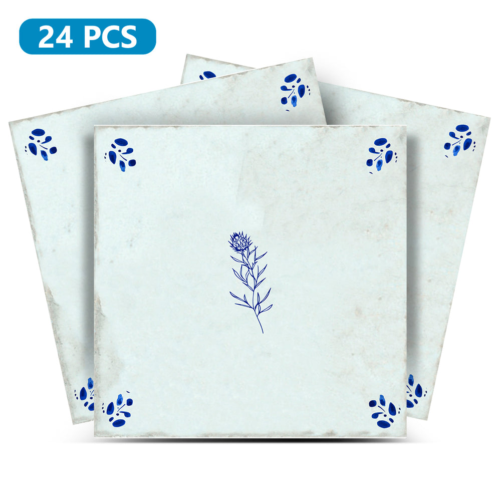 Delft Botanical Flower Tile Stickers – 24 Peel and Stick Decals for Kitchen, Fireplace, Bathroom & Walls Model - D53