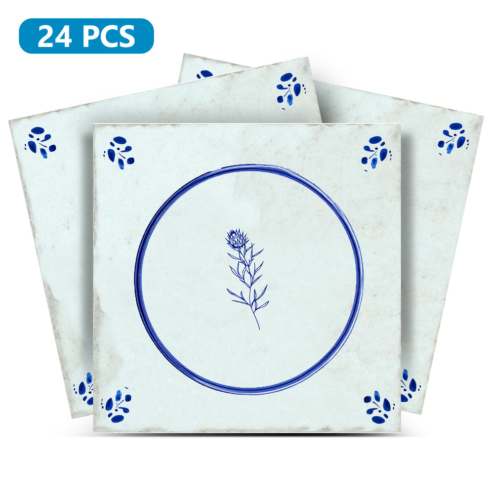Dutch Style Delft Flower Tiles – 24 Adhesive Stickers for Fireplace, Laundry, Stairs, or Kitchen Backsplash Model - D54