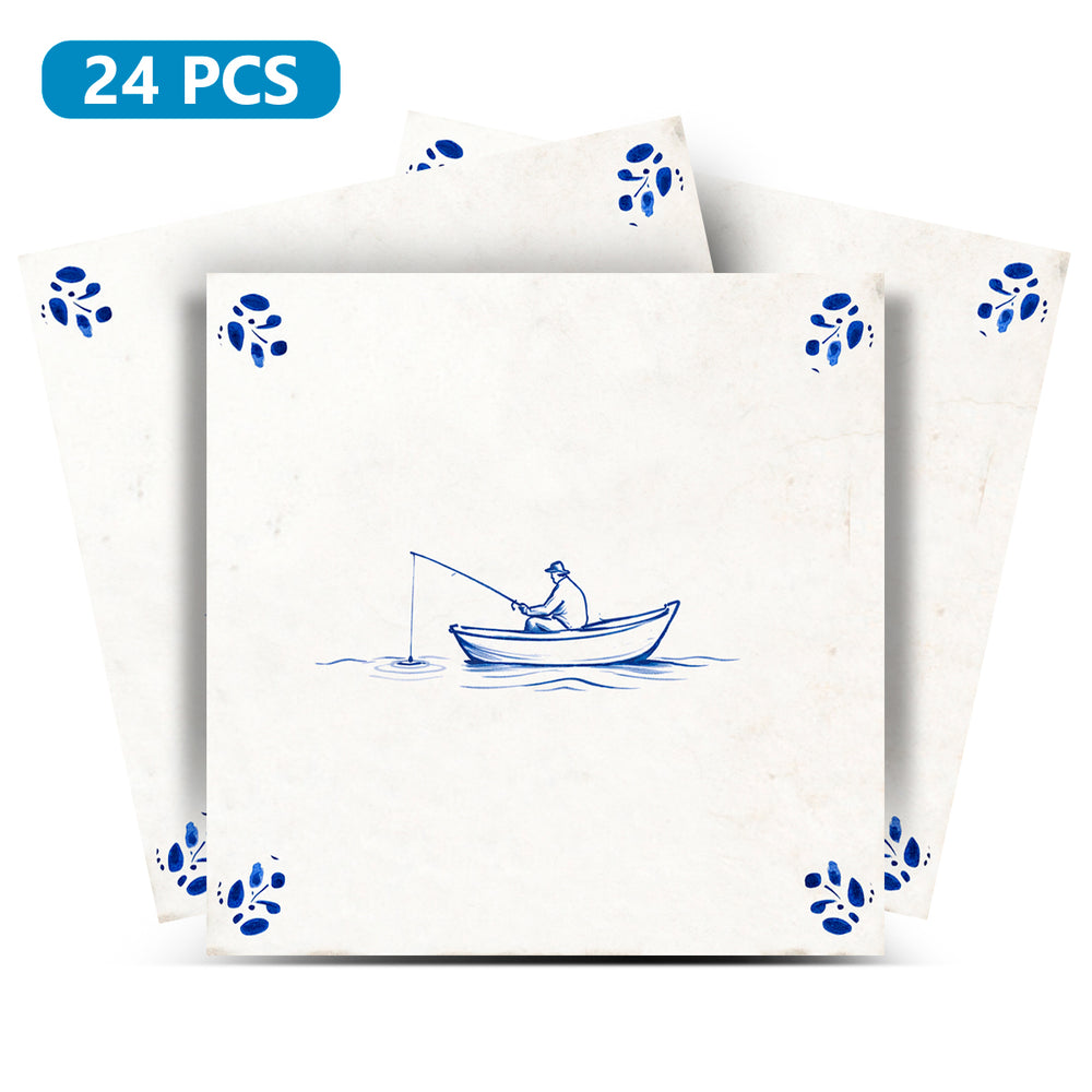 Delft tile Vintage Fishing boat blue corner pattern Peel And Stick Tile Stickers delft tile fireplace surround Kitchen Tile Trends Model D83