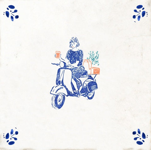 Delft Tile Vintage Blue & White Vespa Backsplash Tile Stickers – Charming European Scooter Kitchen Wall Decals with Botanical Accents - D93