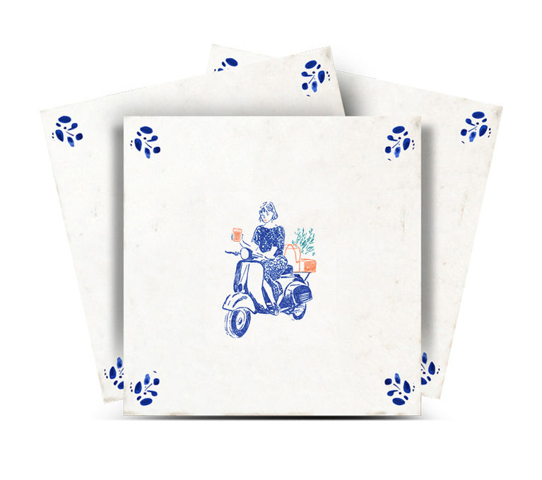 Delft Tile Vintage Blue & White Vespa Backsplash Tile Stickers – Charming European Scooter Kitchen Wall Decals with Botanical Accents - D93
