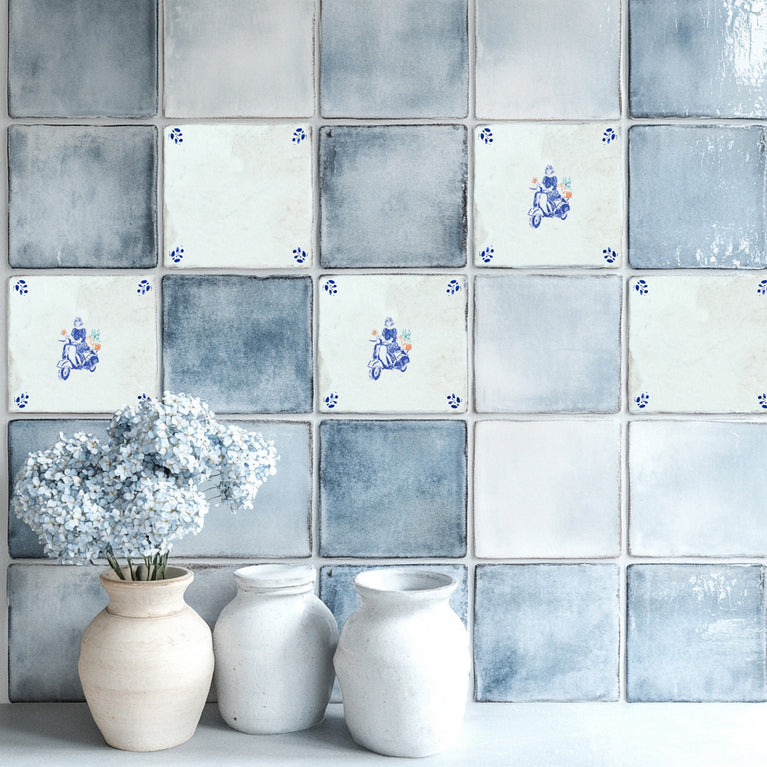 Delft Tile Vintage Blue & White Vespa Backsplash Tile Stickers – Charming European Scooter Kitchen Wall Decals with Botanical Accents - D93