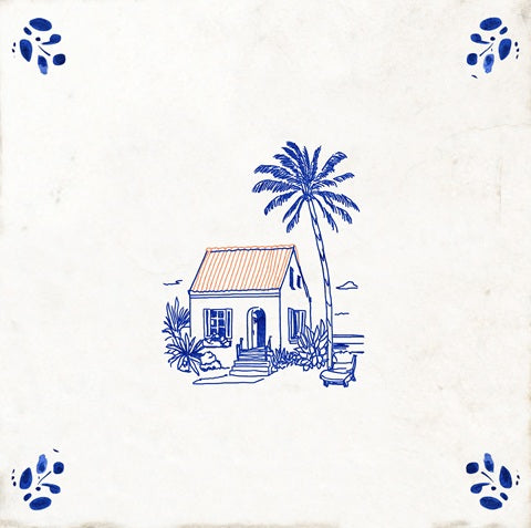 Delft Tile Vintage Blue & White Tropical Cottage Backsplash Tile Stickers – Charming Island House and Palm Tree Kitchen Wall Decals - D94
