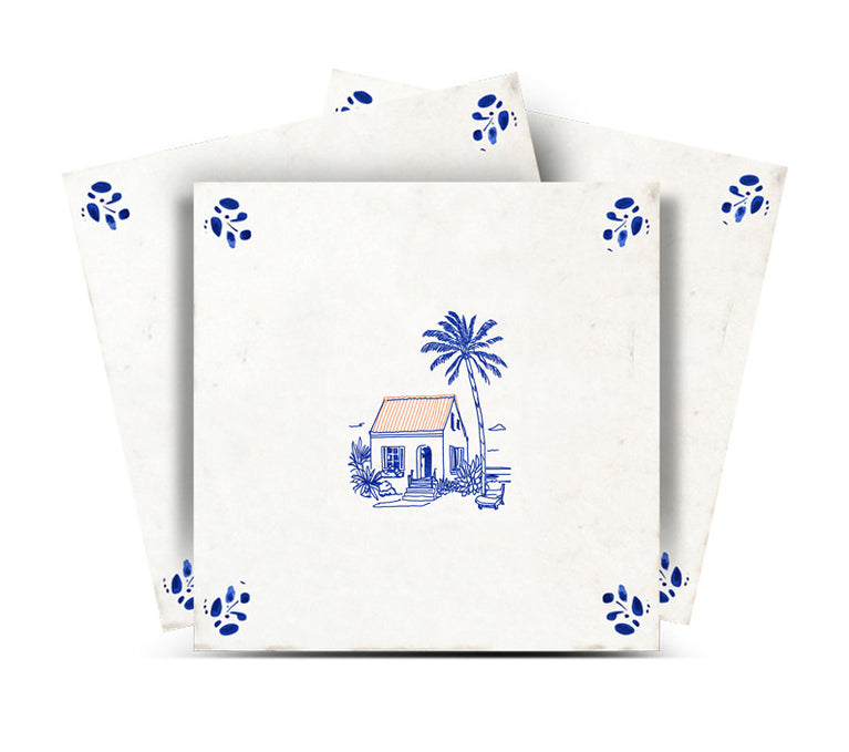 Delft Tile Vintage Blue & White Tropical Cottage Backsplash Tile Stickers – Charming Island House and Palm Tree Kitchen Wall Decals - D94