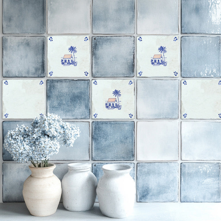 Delft Tile Vintage Blue & White Tropical Cottage Backsplash Tile Stickers – Charming Island House and Palm Tree Kitchen Wall Decals - D94