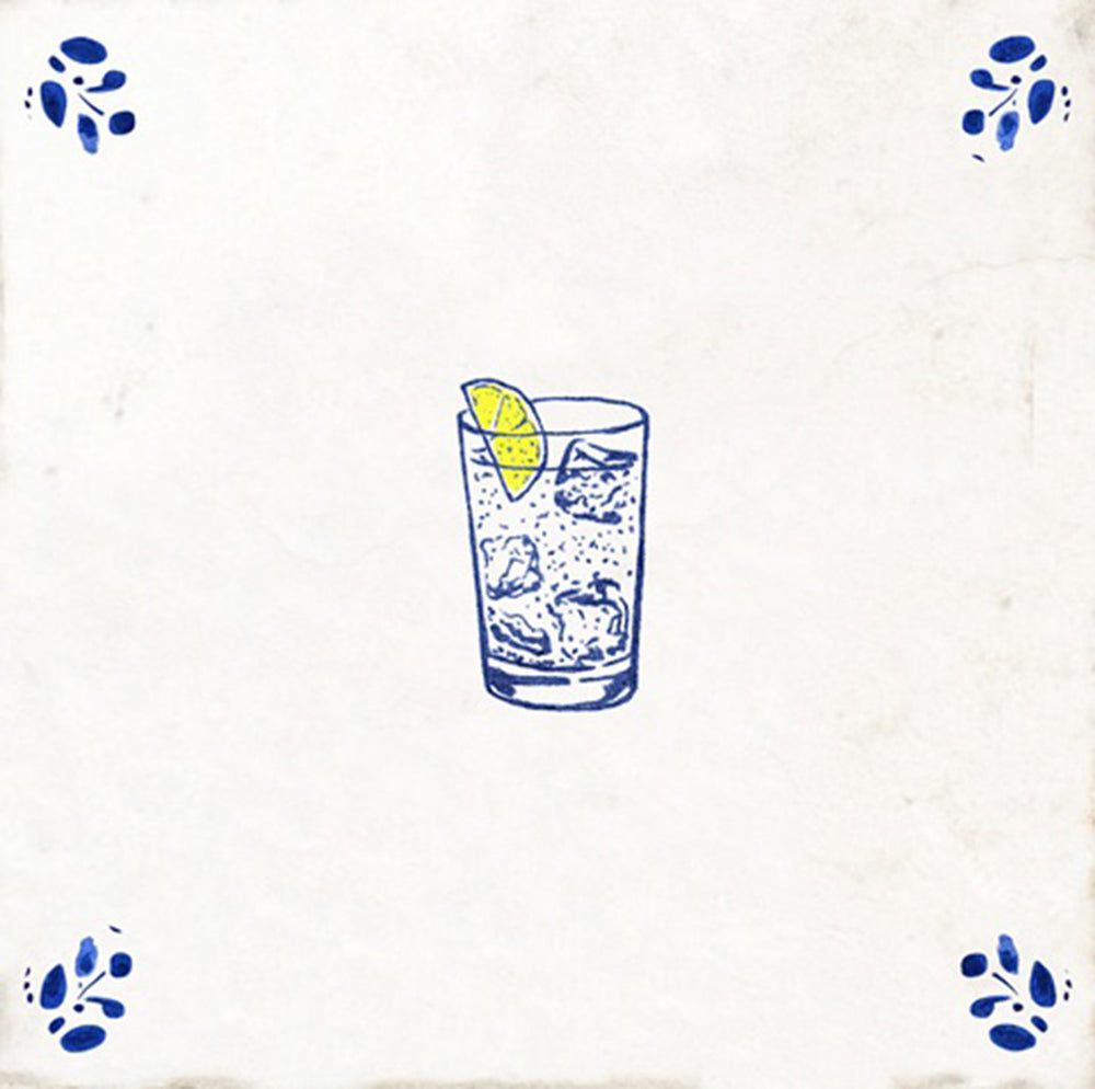 Vintage Blue Lemonade Glass with Floral Corner Peel and Stick Backsplash Tile - D96