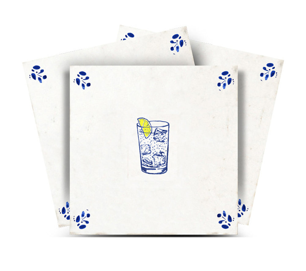 Vintage Blue Lemonade Glass with Floral Corner Peel and Stick Backsplash Tile - D96