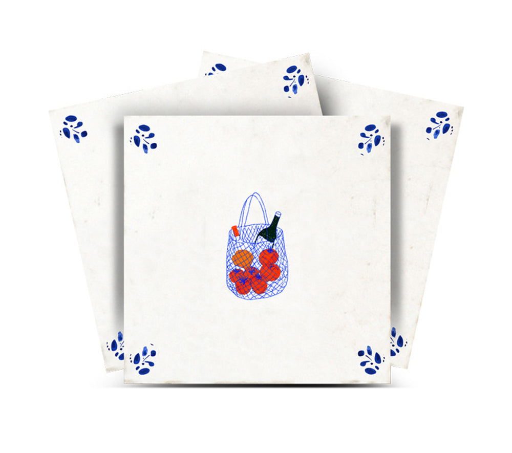 Vintage European Market Basket with Oranges and Blue Botanical Corners Peel and Stick Backsplash Tile - D97