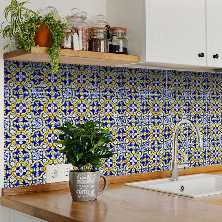 Blue and Yellow Spanish Stylish home décor Easy-to-Install Floor Tiles Model - H12