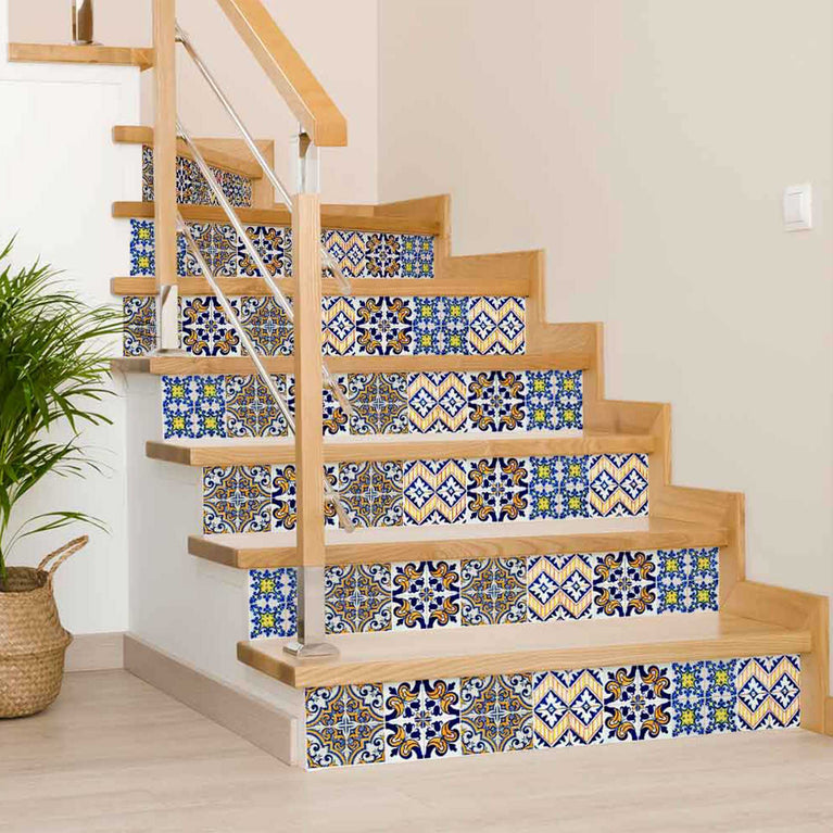 Blue and Yellow different patterns Peel and Stick Tile Stickers for kitchen decoration Model - H404