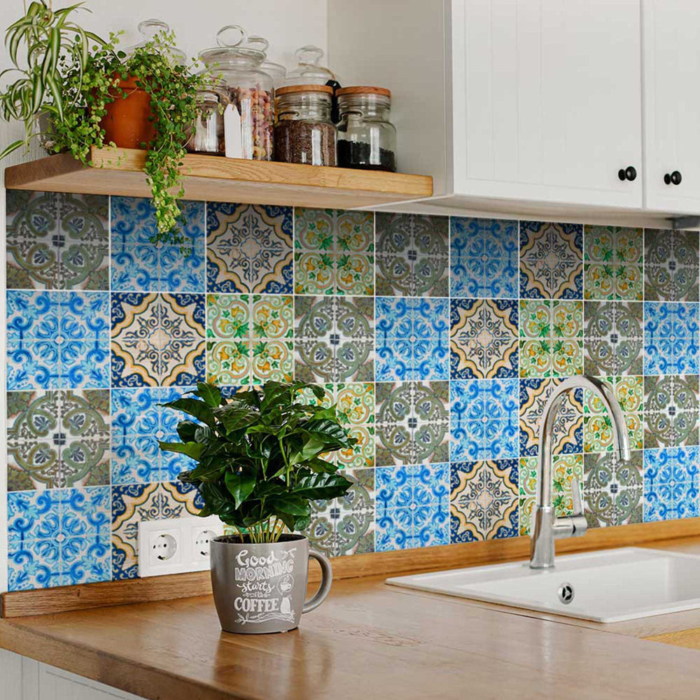 Multiple patterns Green and Blue backsplash Peel and Stick removable Tile Stickers Model - H405