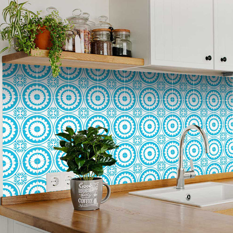 Connecting circles in the corners Blue and White backsplash Tile Stickers Model - K11