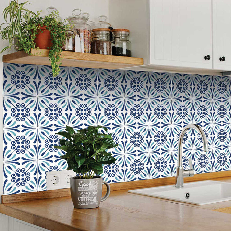 Blue White  Flower Design Tile Stickers Backsplash Easy Apply  Model - K22