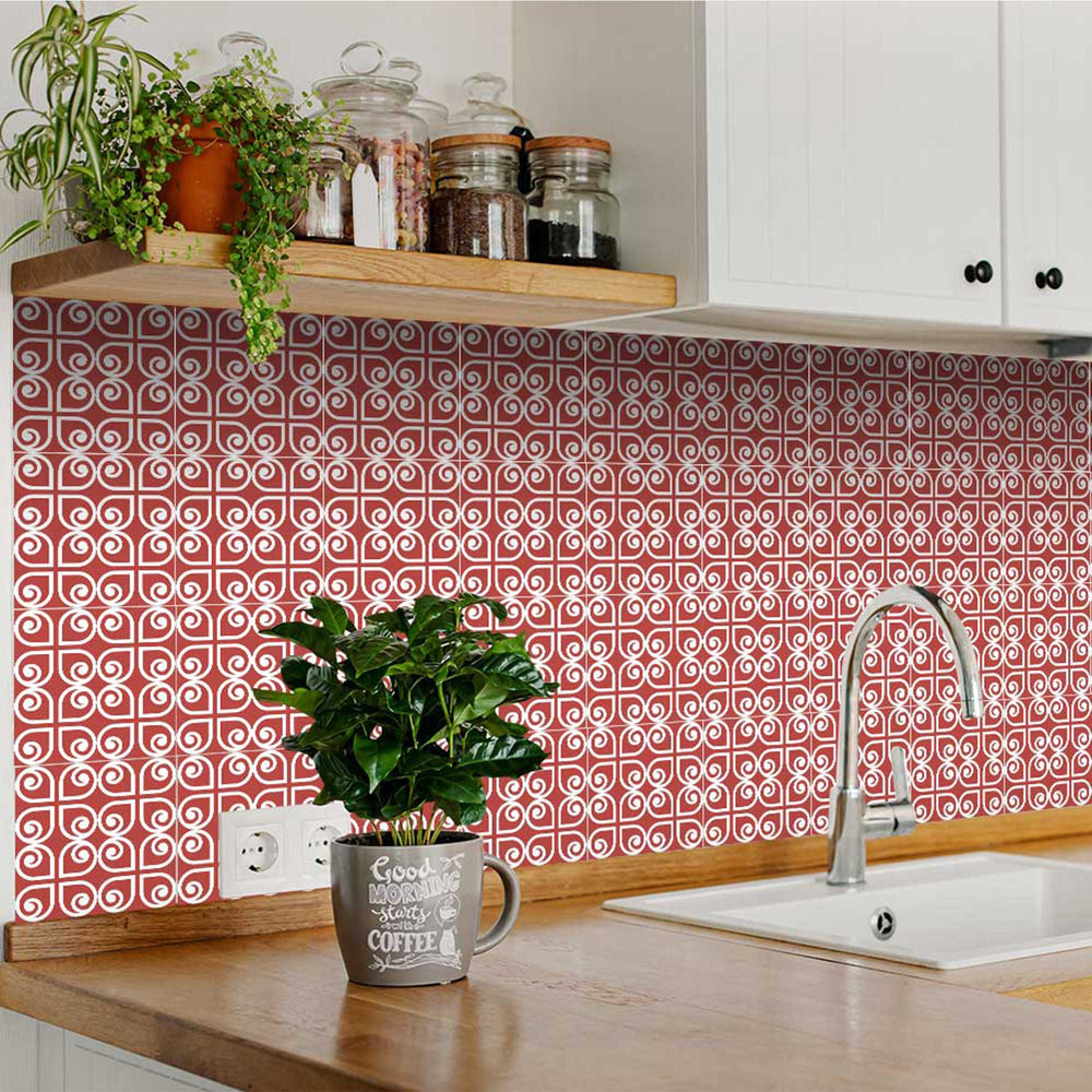 Red and White pattern peel and stick tile stickers kitchen red backsplash Model - K4