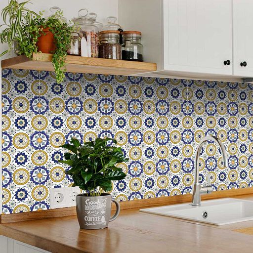 Easy DIY peel and stick Blue and Yellow colorful tile stickers for bathroom Model - A6