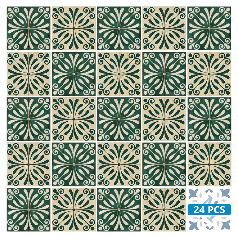 Dark Olive Green Flower Vintage Design Tile Stickers Model - R1012