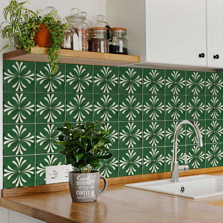 Green Vintage Flower Design Tile Stickers Model - R112