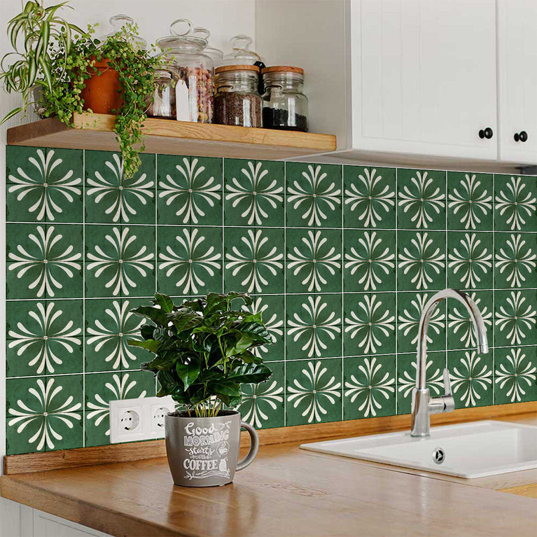 Green Retro Vintage Flower Design Tile Stickers Model - R115