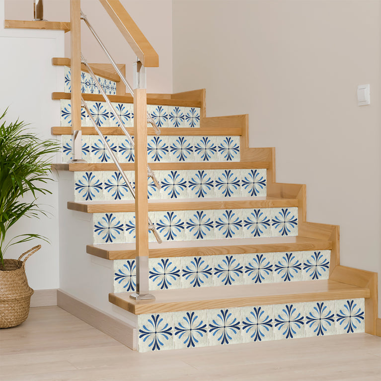 Blue Cream Vintage Flower Design Tile Stickers Model - R116