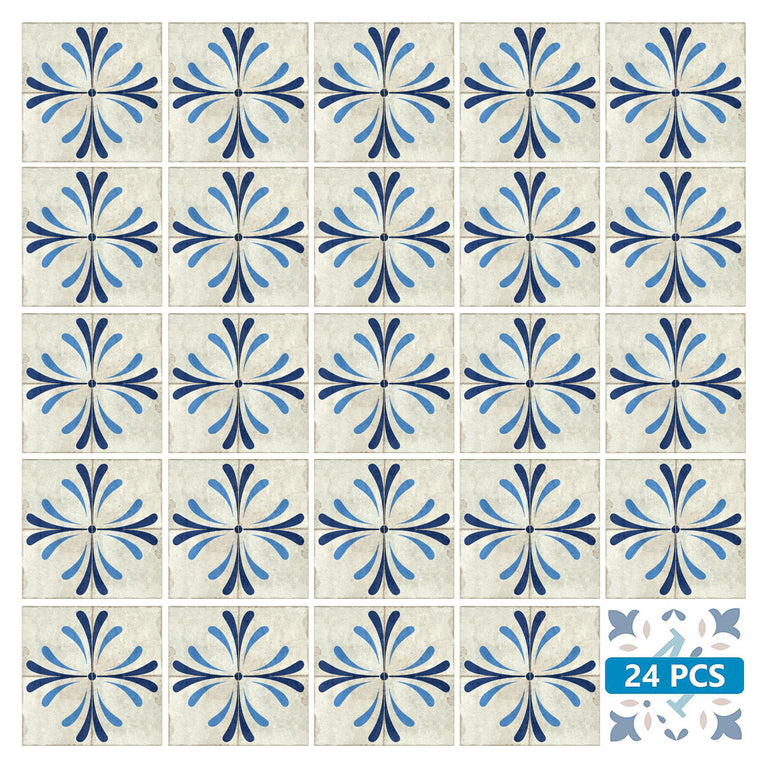 Blue Cream Vintage Flower Design Tile Stickers Model - R116