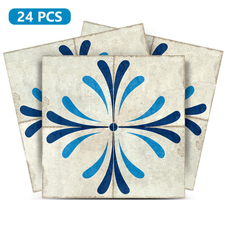 Blue Cream Vintage Flower Design Tile Stickers Model - R116