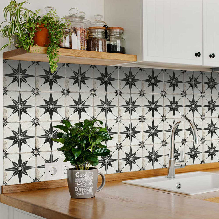 Transform Your Space  Easy-to-Apply Removable Floor Tile Stickers for Renters Black and White Star Model - R11