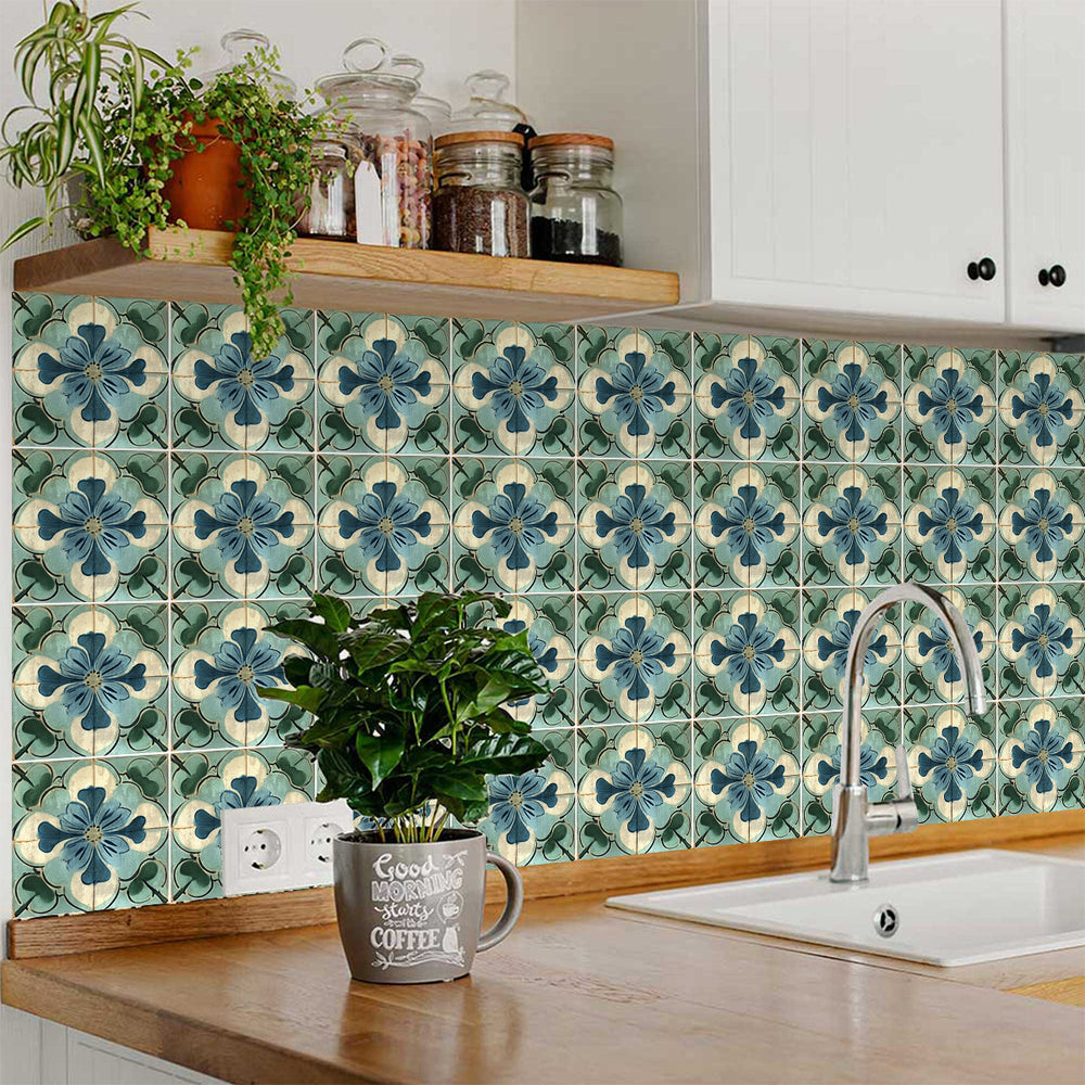 Rustic Flower Green Blue Backsplash for kitchen tiles makeover easy to install Model - R121