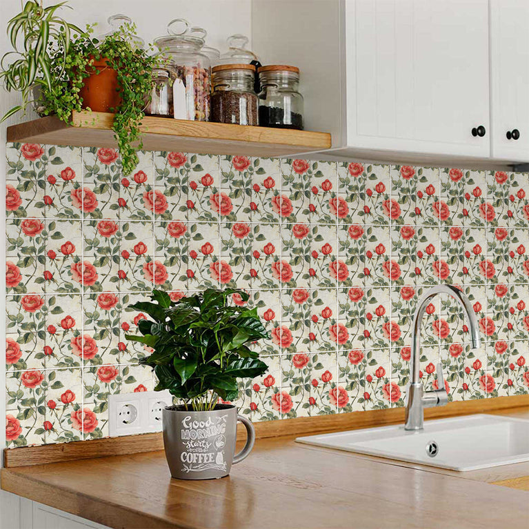 Vintage Retro Floral Roses Design Tile Stickers Wallpaper Decal Model - R129