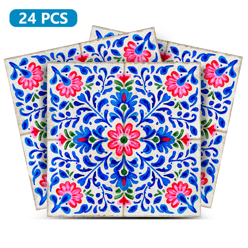 Moroccan Floral Blue Red Green Peel and Stick Backsplash Tile Stickers, Vintage Bohemian Decorative Wall Tiles - R133