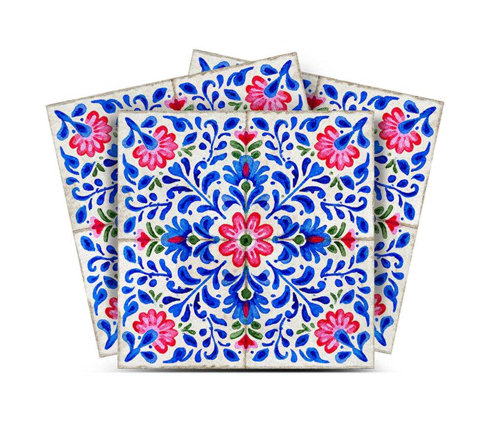 Moroccan Floral Blue Red Green Peel and Stick Backsplash Tile Stickers, Vintage Bohemian Decorative Wall Tiles - R133