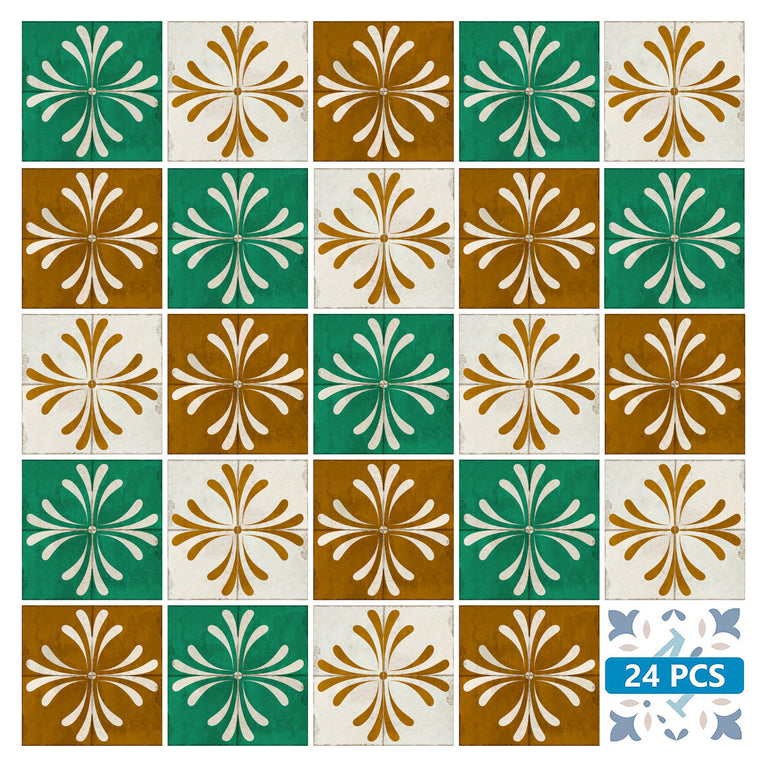 Green Gold Brown Vintage Flower Design Tile Stickers Model - R1345