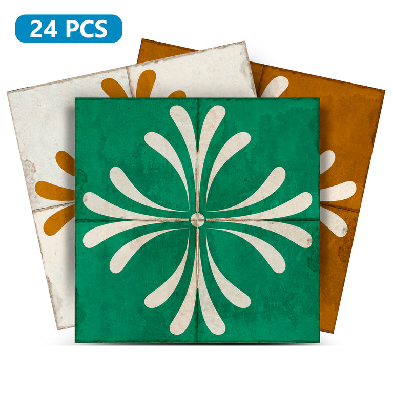 Green Gold Brown Vintage Flower Design Tile Stickers Model - R1345