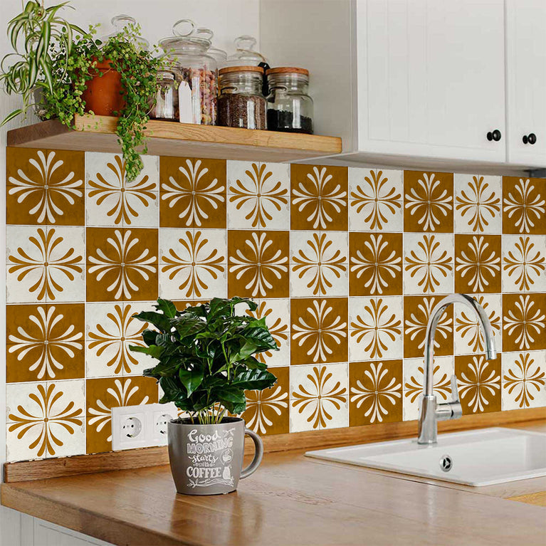 Brown Gold Vintage Flower Design Tile Stickers Model - R1413