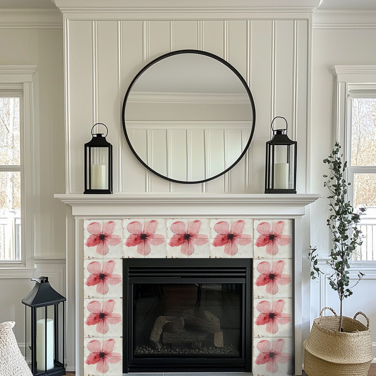 Pink Floral Peel and Stick Tile Stickers – Heat & Water Resistant for Fireplace Surrounds, Bathtubs, and Kitchen Backsplashes Model - R146