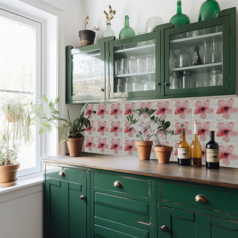 Pink Floral Peel and Stick Tile Stickers – Heat & Water Resistant for Fireplace Surrounds, Bathtubs, and Kitchen Backsplashes Model - R146