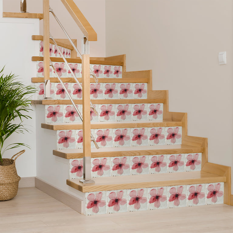 Pink Floral Peel and Stick Tile Stickers – Heat & Water Resistant for Fireplace Surrounds, Bathtubs, and Kitchen Backsplashes Model - R146