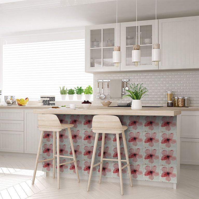 Pink Floral Peel and Stick Tile Stickers – Heat & Water Resistant for Fireplace Surrounds, Bathtubs, and Kitchen Backsplashes Model - R146