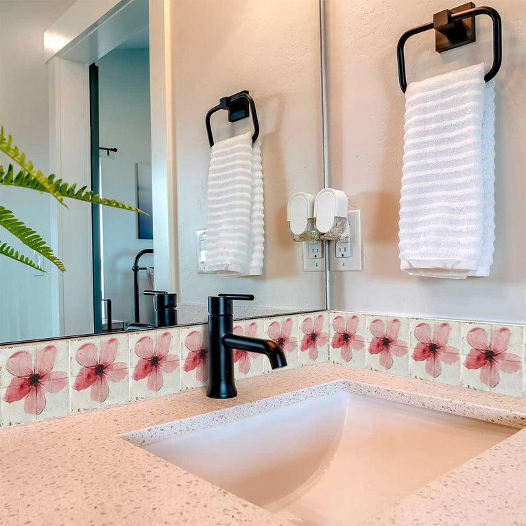 Pink Floral Peel and Stick Tile Stickers – Heat & Water Resistant for Fireplace Surrounds, Bathtubs, and Kitchen Backsplashes Model - R146