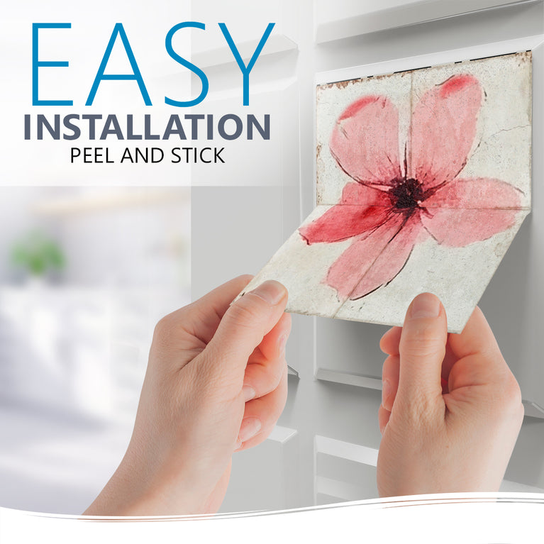 Pink Floral Peel and Stick Tile Stickers – Heat & Water Resistant for Fireplace Surrounds, Bathtubs, and Kitchen Backsplashes Model - R146