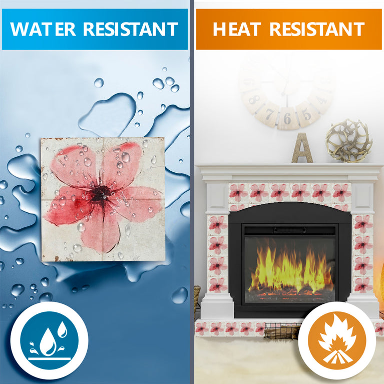 Pink Floral Peel and Stick Tile Stickers – Heat & Water Resistant for Fireplace Surrounds, Bathtubs, and Kitchen Backsplashes Model - R146