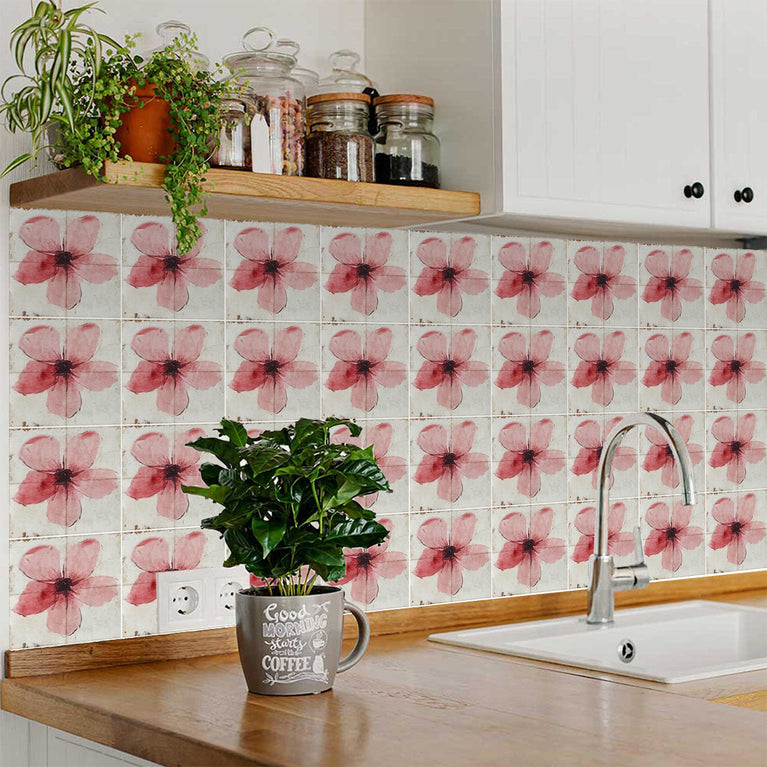 Pink Floral Peel and Stick Tile Stickers – Heat & Water Resistant for Fireplace Surrounds, Bathtubs, and Kitchen Backsplashes Model - R146