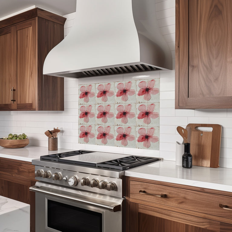 Pink Floral Peel and Stick Tile Stickers – Heat & Water Resistant for Fireplace Surrounds, Bathtubs, and Kitchen Backsplashes Model - R146