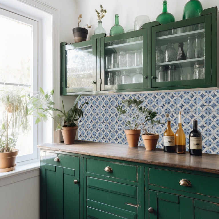 Blue pattern Tile Self-adhesive tiles Peel and stick stair treads Vintage Peel and stick tile, Kitchen Trends Vintage Decor Model - R147