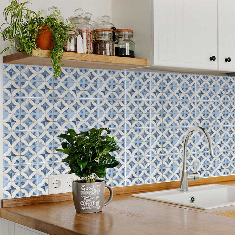 Blue pattern Tile Self-adhesive tiles Peel and stick stair treads Vintage Peel and stick tile, Kitchen Trends Vintage Decor Model - R147