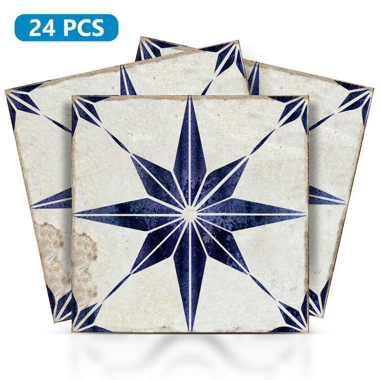 Removable Floor Tile Stickers for Renters Blue Star shaped vintage tiles Model - R14